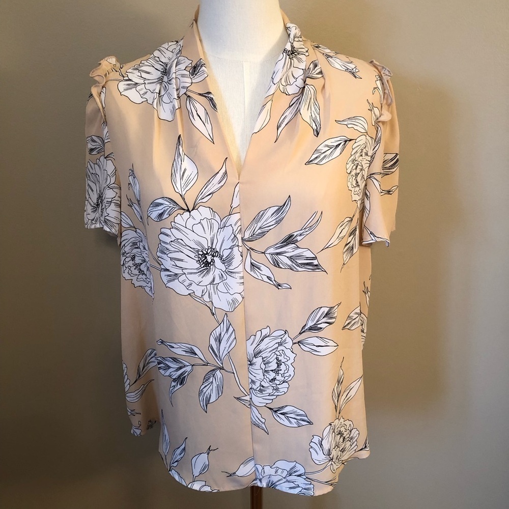Liz Claiborne Floral Print Women's Tan/White Short Sleeve Blouse Size S